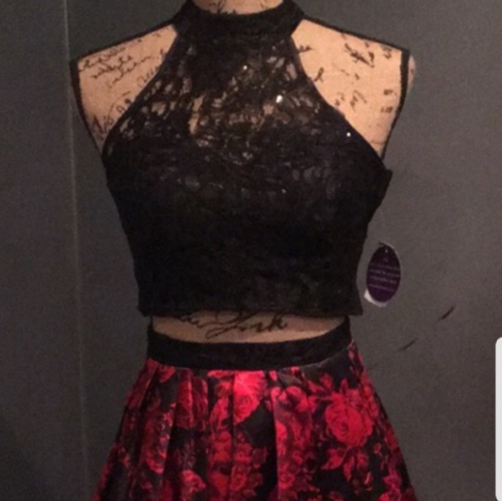 Black and red floral 2 piece homecoming dress.